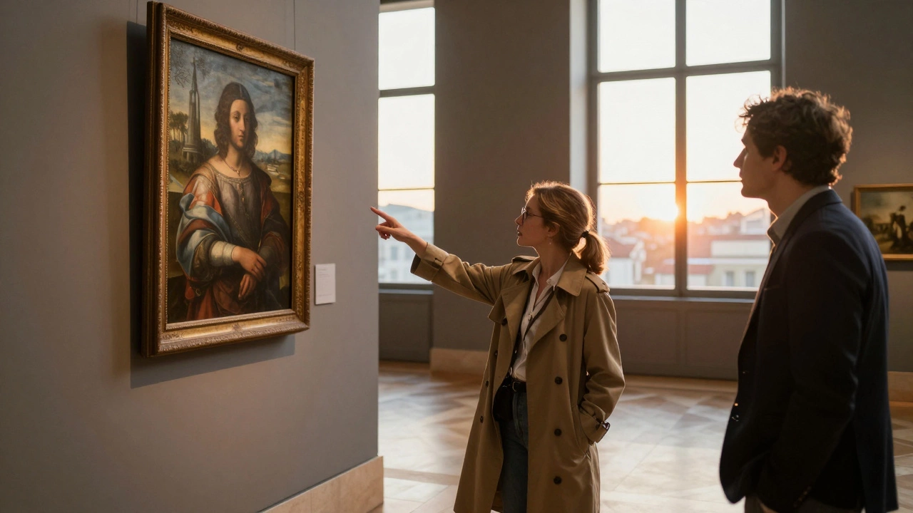 A woman guides a man through an empty Paris museum gallery at sunset, pointing to a painting.