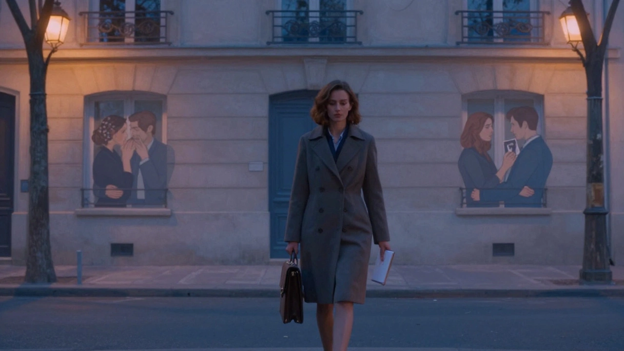 A woman walks down a Paris street at dusk, translucent images of lonely couples glowing in nearby windows.