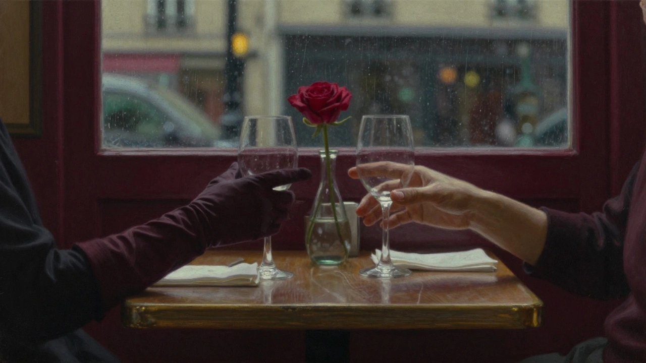 Two hands nearly touch across a table in a Paris bistro, wine glasses and a rose between them.